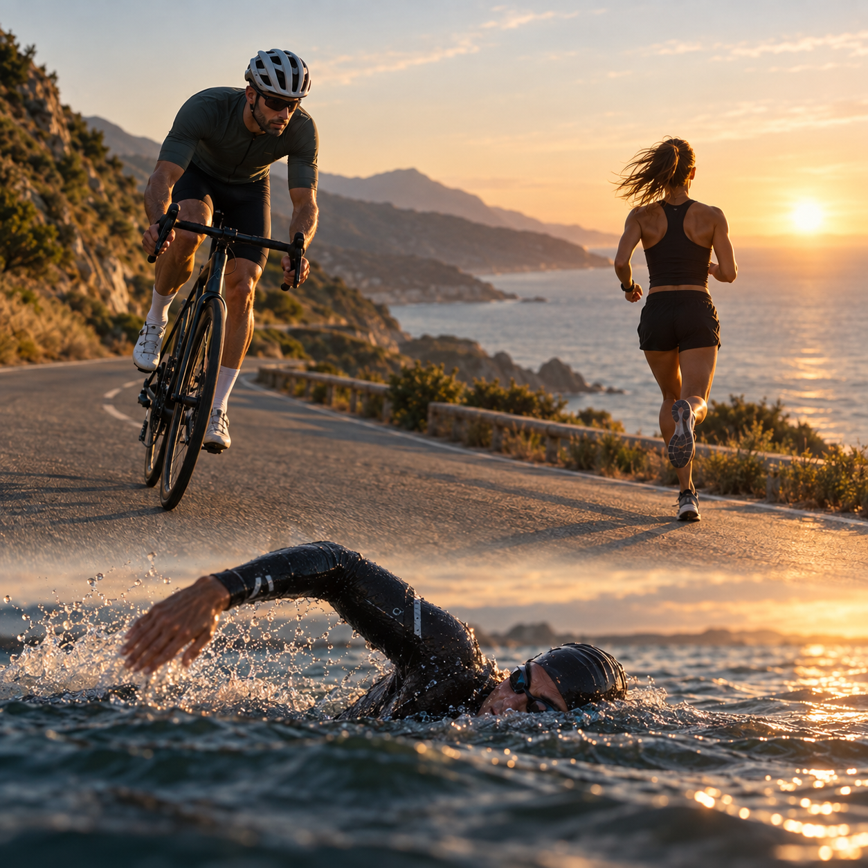 A cyclist, runner and swimmer training along a coastal road at sunrise